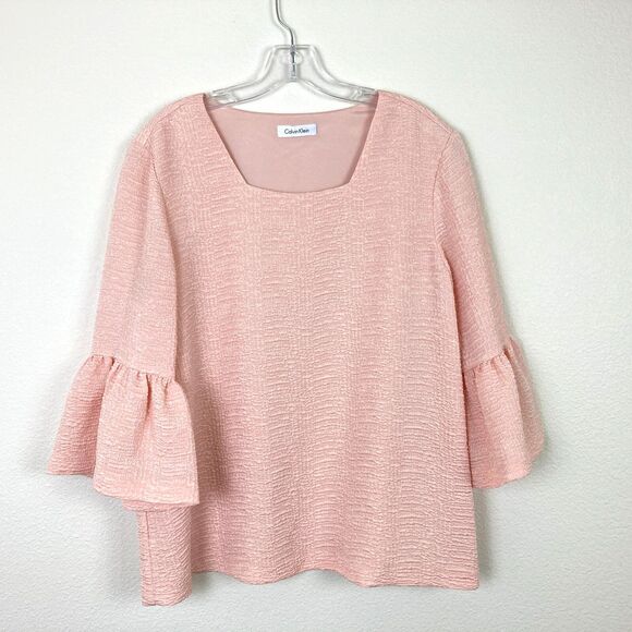 Calvin Klein Women's Blouse Size M-L Pink Ruffled Bell Sleeves Business Office - Picture 1 of 7
